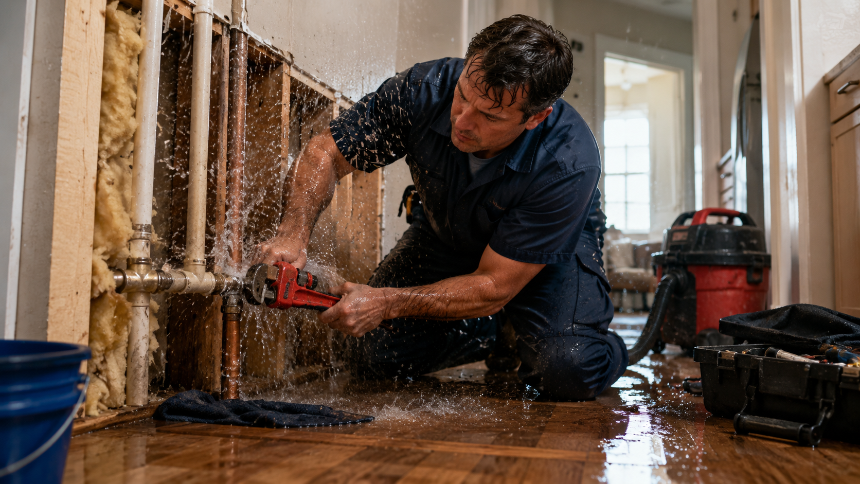Emergency plumber repairing burst pipe in Allen TX home