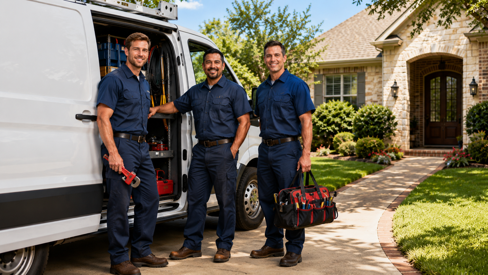 Allen plumbing team in uniform with service van