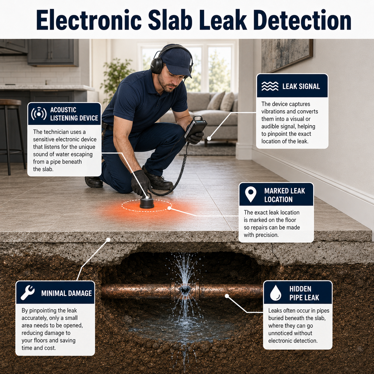 Electronic slab leak detection infographic showing acoustic listening device and hidden pipe leak